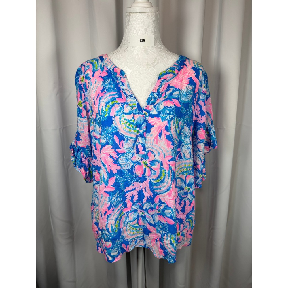 Lilly Pulitzer Elsa Top Blue Pink Floral Coral Ruffle Sleeve Rayon Blouse M